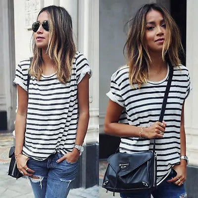 New Fashion Women Ladies Casual Short Sleeve Loose Summer Striped