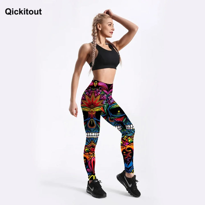 Quickitout Summer Style Women's Colorful Skull & Leaf Printed Slim Workout Leggings