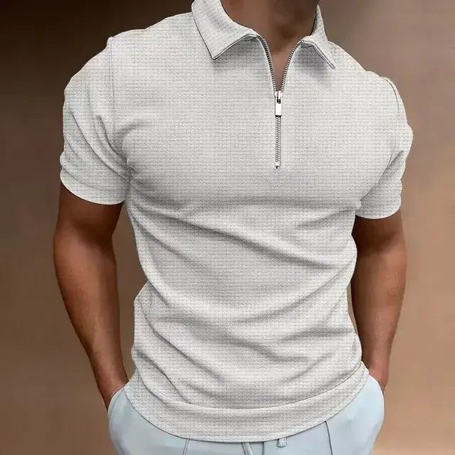 Summer New Men's Zipper Waffle Polo Shirt Short Sleeve Waffle