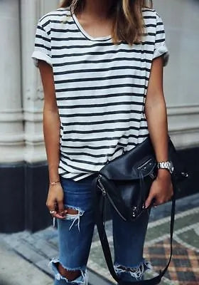 New Fashion Women Ladies Casual Short Sleeve Loose Summer Striped