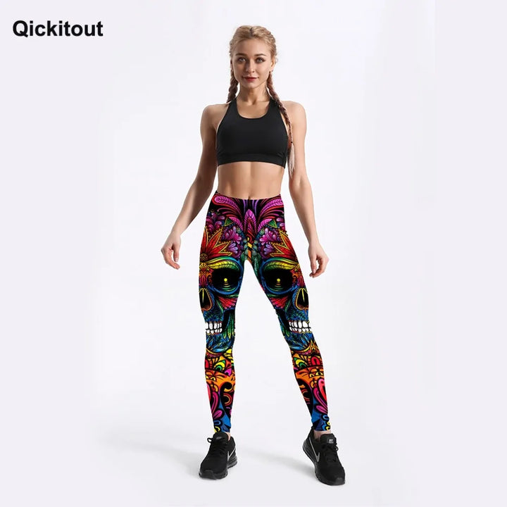 Quickitout Summer Style Women's Colorful Skull & Leaf Printed Slim Workout Leggings