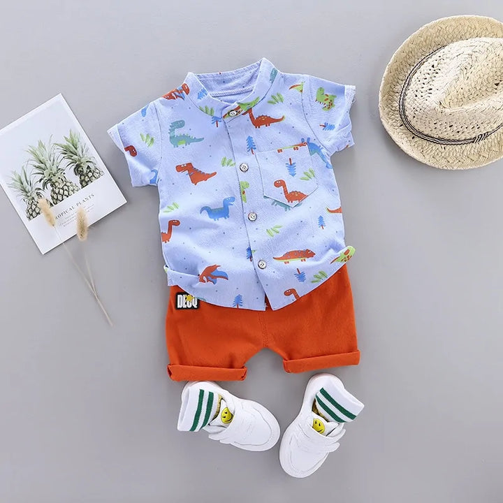 2021 Cartoon Dinosaur Print Toddler Boy Summer Set: Shirt + Pants