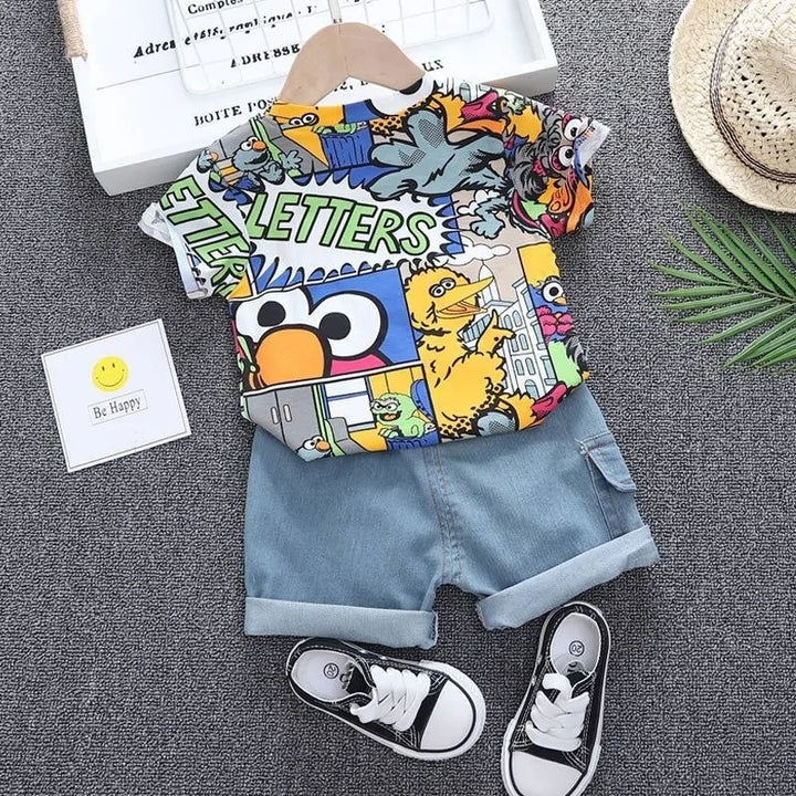 Kid Boys' Summer Graffiti Outfit with Sunhat: T-shirt & Denim Shorts Set